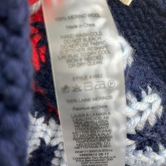 Tory Burch‎ Merino Wool Beanie Hat and Mittens Set Sport Fair Isle Navy